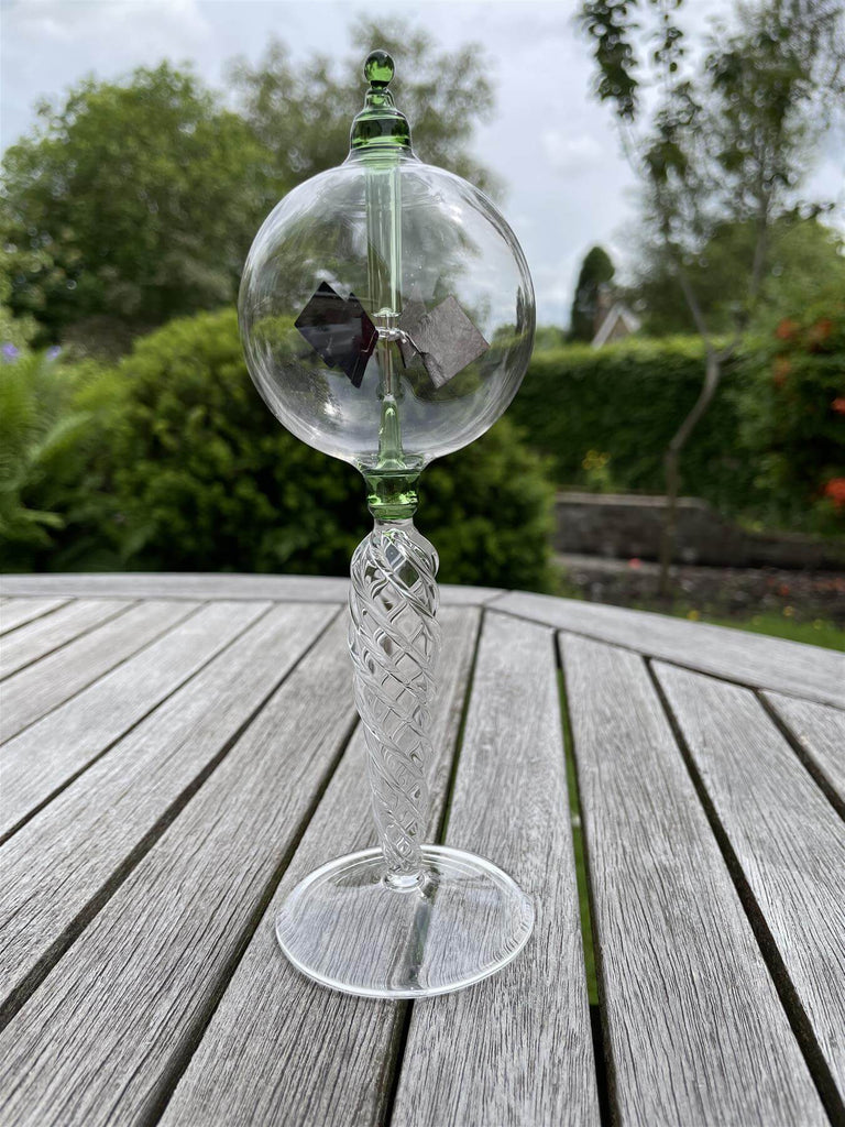 Curious Minds Crooke's Solar Radiometer, Tall Twisted Clear Stem, Clear Globe, Green Mill - CuriousMinds.co.uk