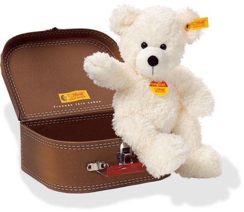 Steiff Lotte White Teddy Bear in Brown Suitcase - CuriousMinds.co.uk