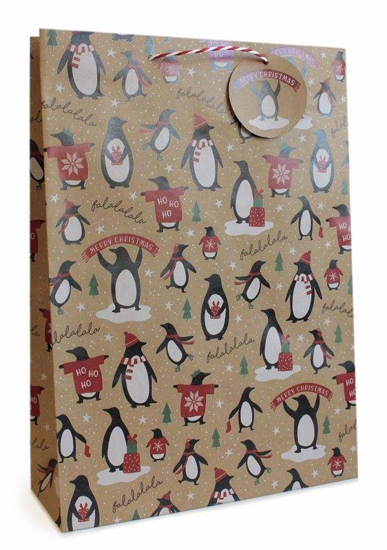 Christmas Gift Bag Extra Large - Kraft Penguin (W320 x H440 x D110 mm) - CuriousMinds.co.uk
